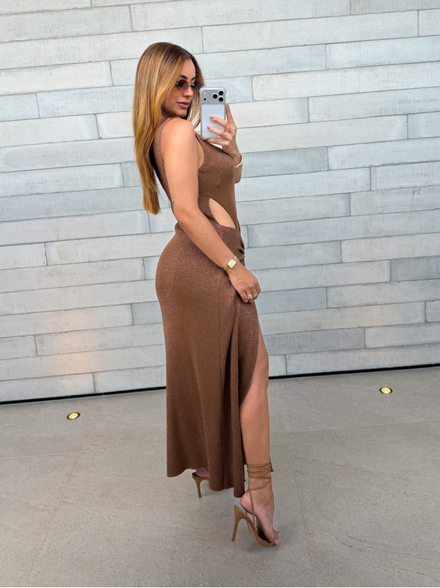 Vestido Tricot Brilho Victoria Marrom