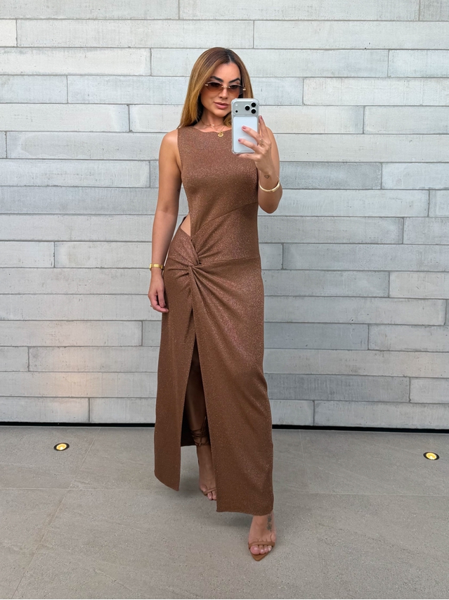 Vestido Tricot Brilho Victoria Marrom