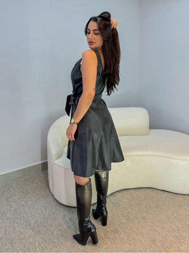 Vestido Couro Fake Alça Preto