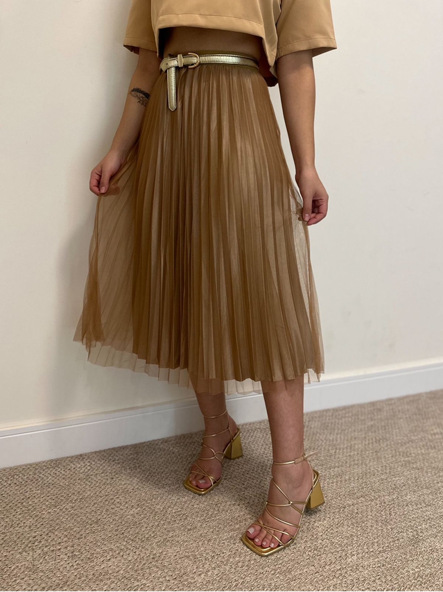 Saia Midi Tule Plissada Marrom
