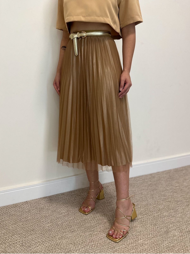 Saia Midi Tule Plissada Marrom