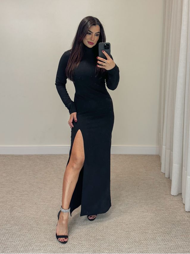 Vestido Longo Gola Alta Preto