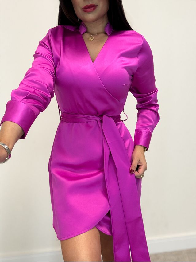 Vestido Manga Longa Acetinado Pink