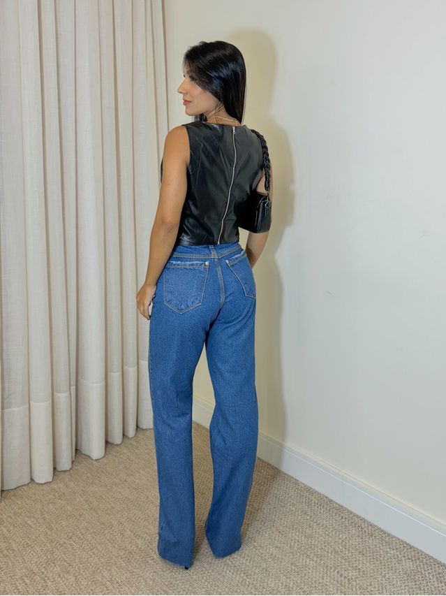 Cropped Couro Fake Zíper Preto