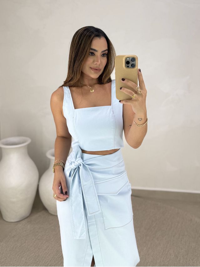 Saia Midi Sarja Transpassada Azul 