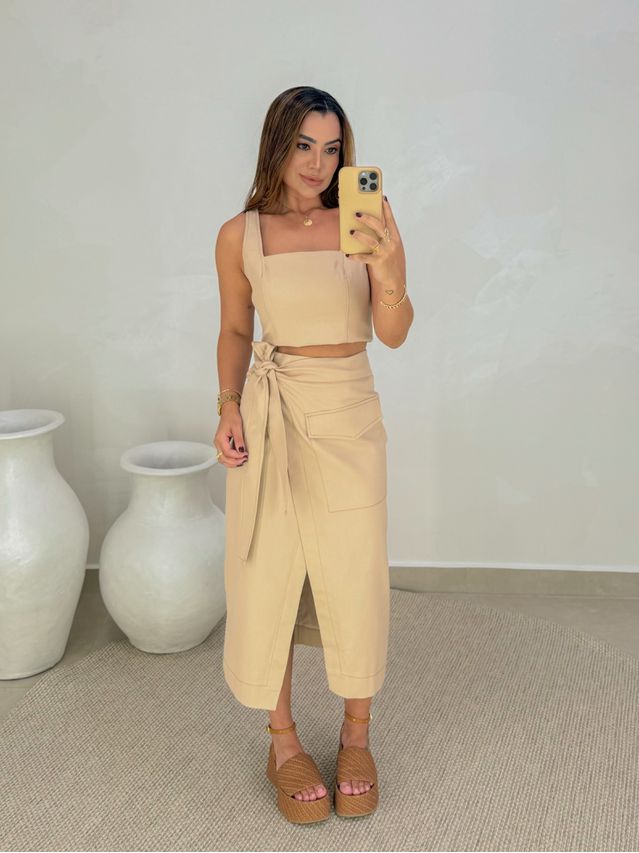 Saia Midi Sarja Transpassada Caqui 