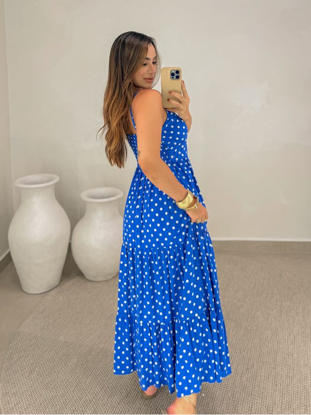 Vestido Midi Atenas Poá Azul