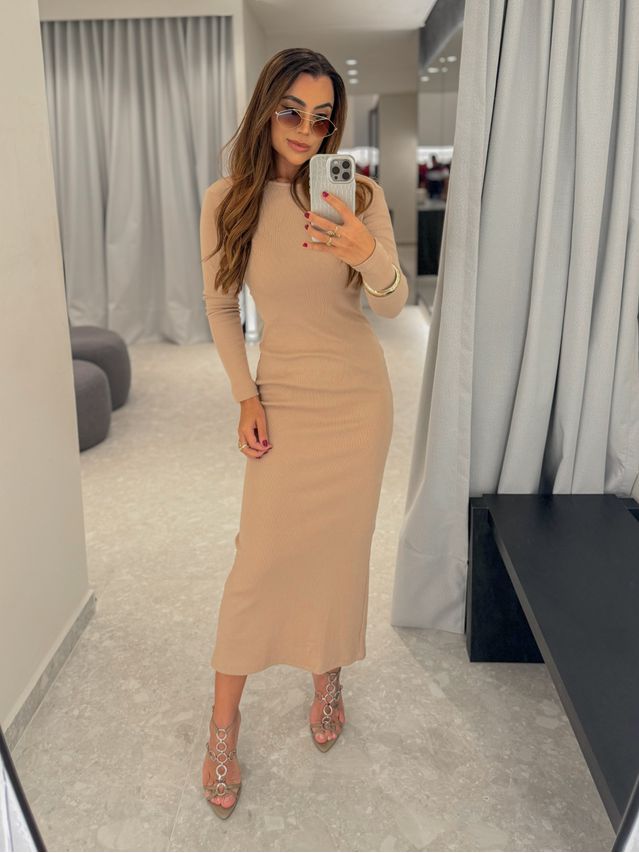 Vestido Canelado Lorena Areia