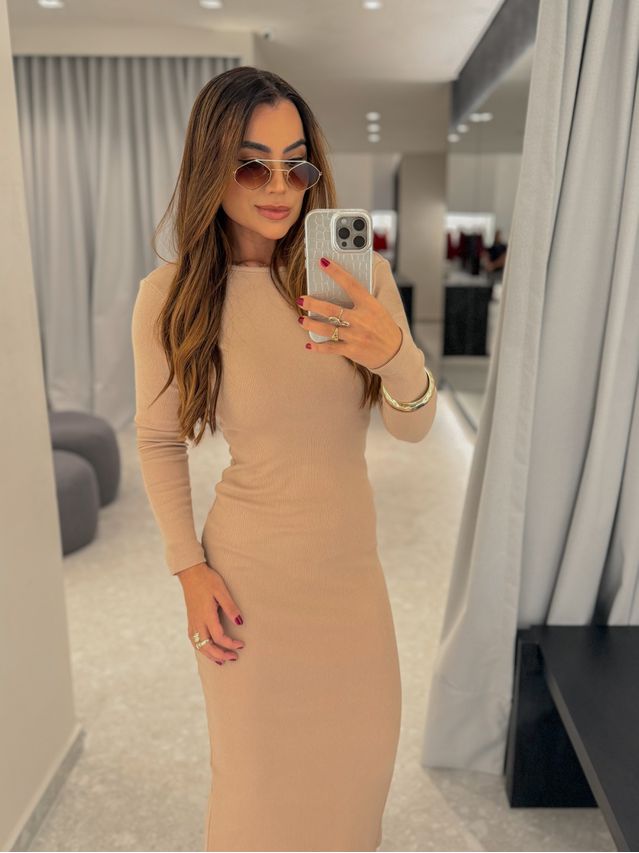 Vestido Canelado Lorena Areia