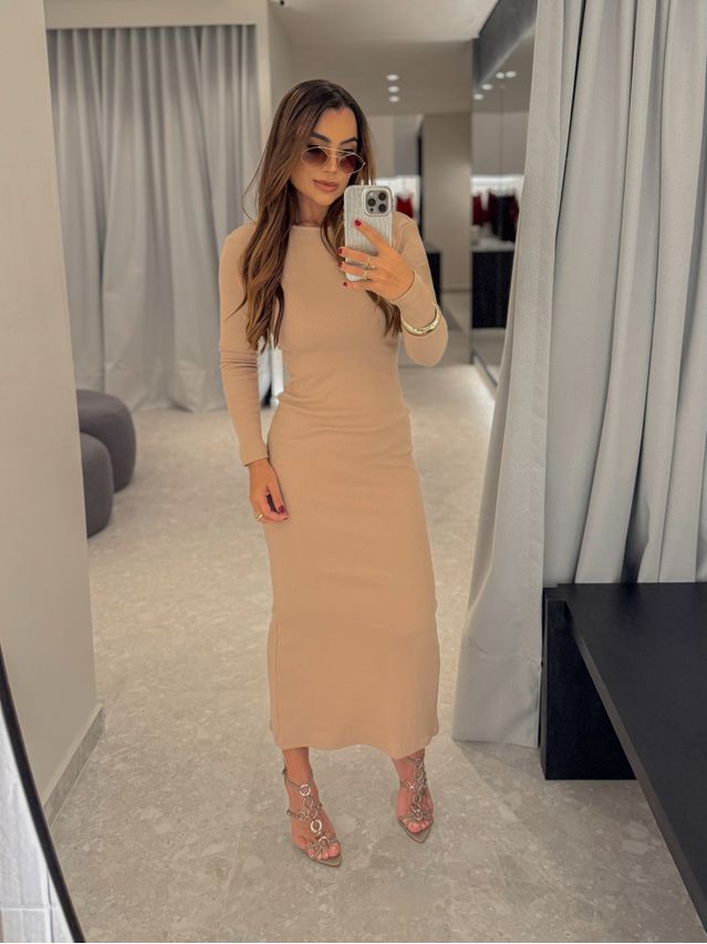 Vestido Canelado Lorena Areia