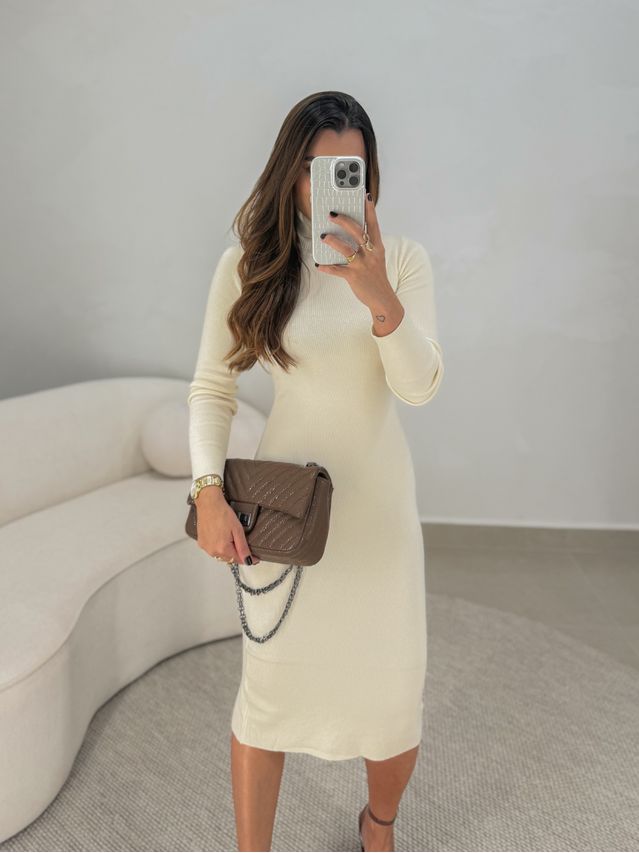 Vestido Gola Tricot Micaele Creme
