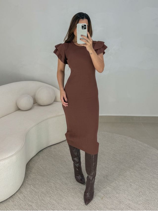 Vestido Manguinha Tricot Café 