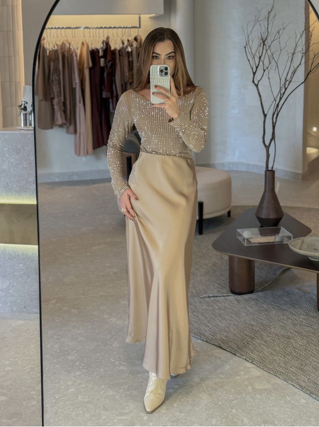 Saia Midi Cetim Lauane Cappuccino