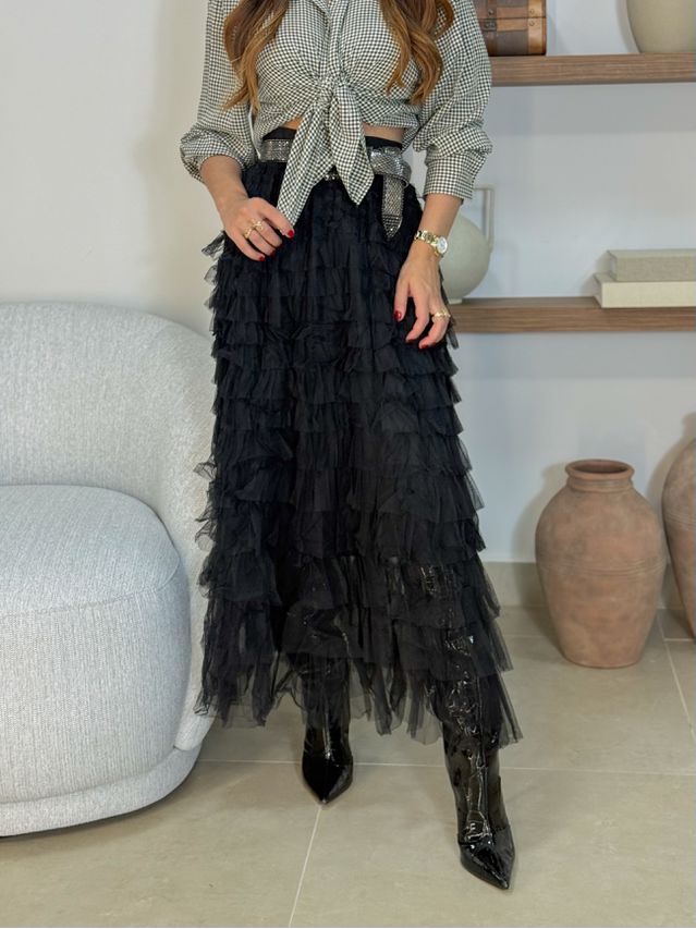 Saia Midi Tule Polônia Preta