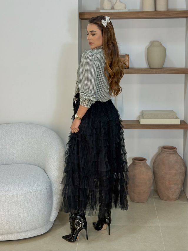Saia Midi Tule Polônia Preta