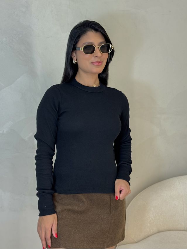 Blusa Manga Longa Canelada Preta