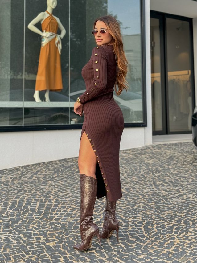 Vestido Tricot Botões Roberta Café