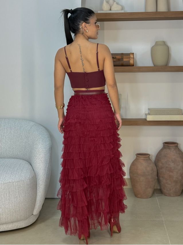 Saia Midi Tule Polônia Cherry