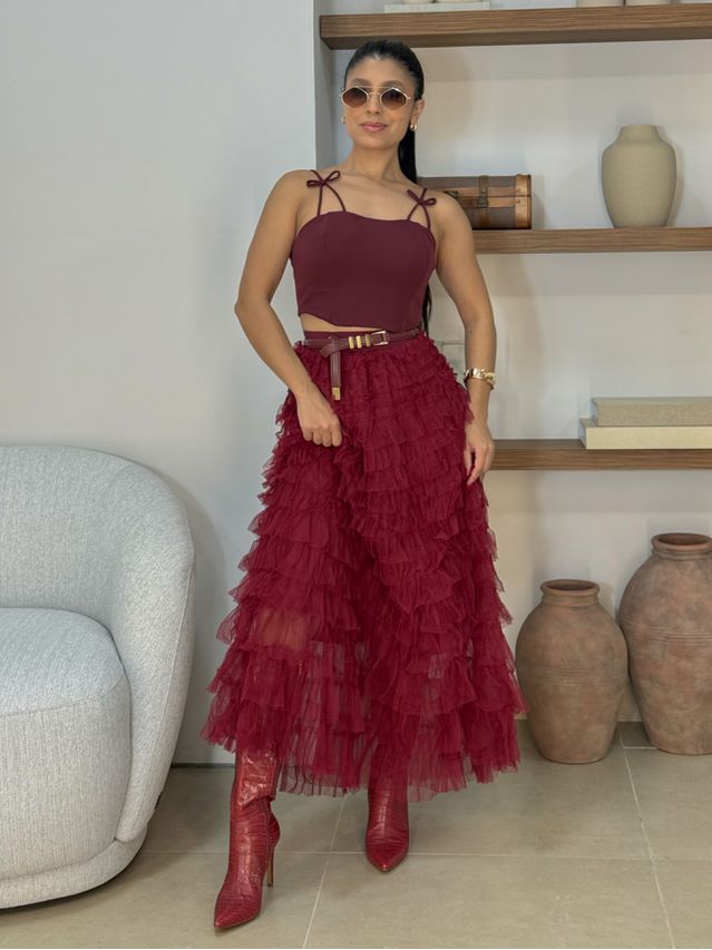 Saia Midi Tule Polônia Cherry