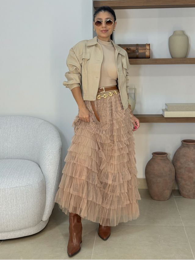 Saia Midi Tule Polônia Cappuccino
