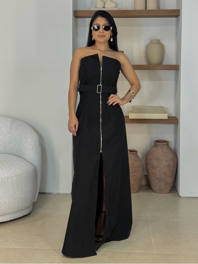 Vestido Sarjado Zíper Preto