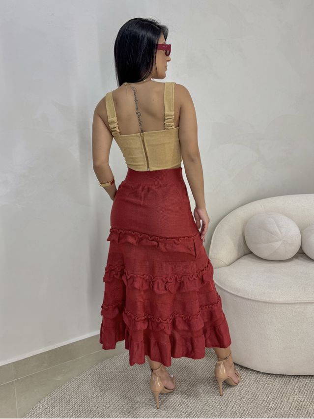 Saia Midi Tricot Babado Vermelho