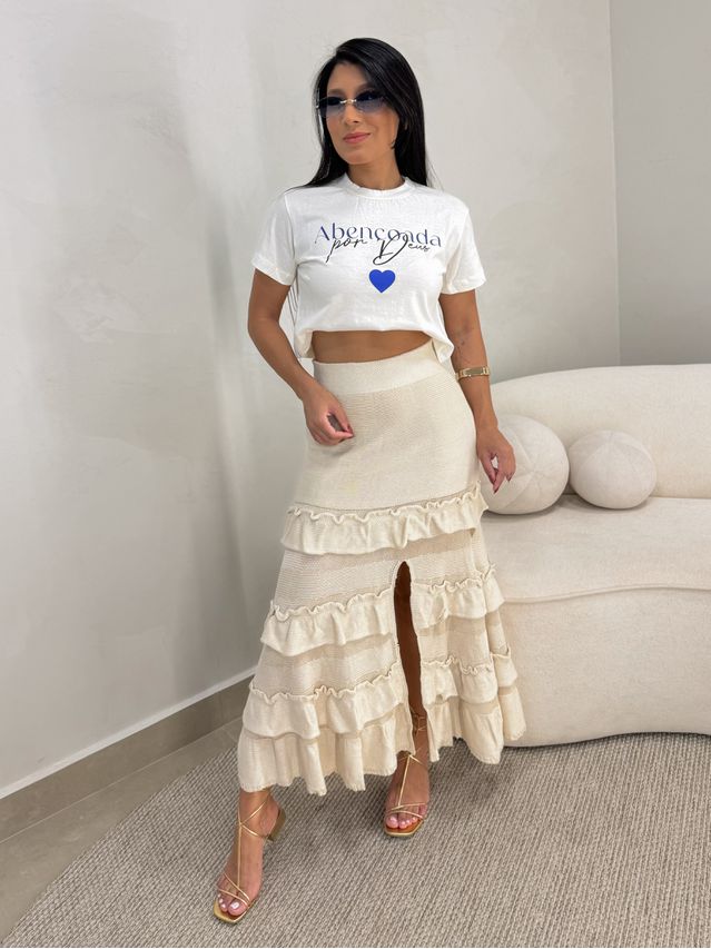 Saia Midi Tricot Babado Areia