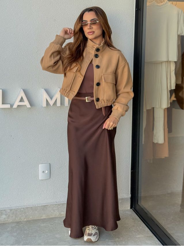 Saia Midi Cetim Lauane Café 