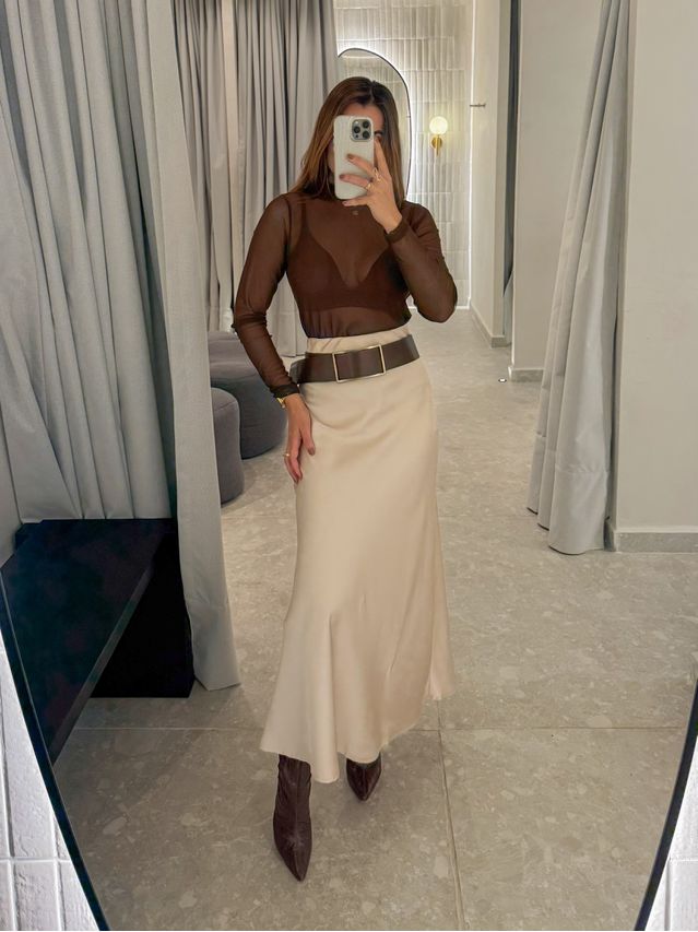 Saia Midi Cetim Mariana Cappuccino