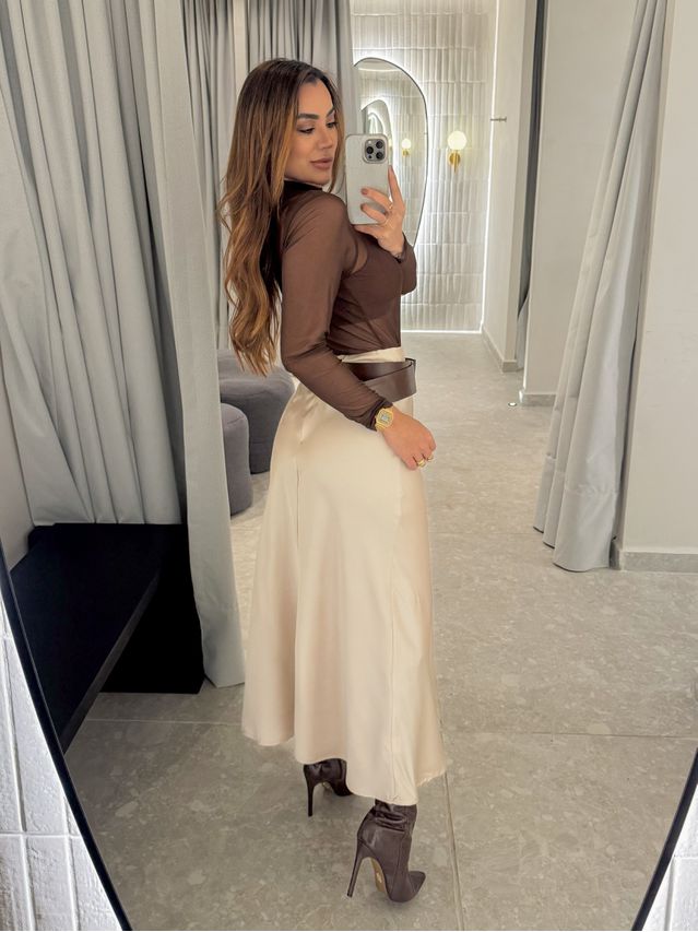 Saia Midi Cetim Mariana Cappuccino