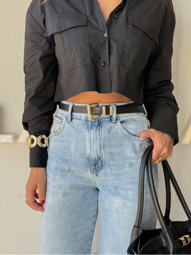 Cinto Couro Fivela Dourada Preto