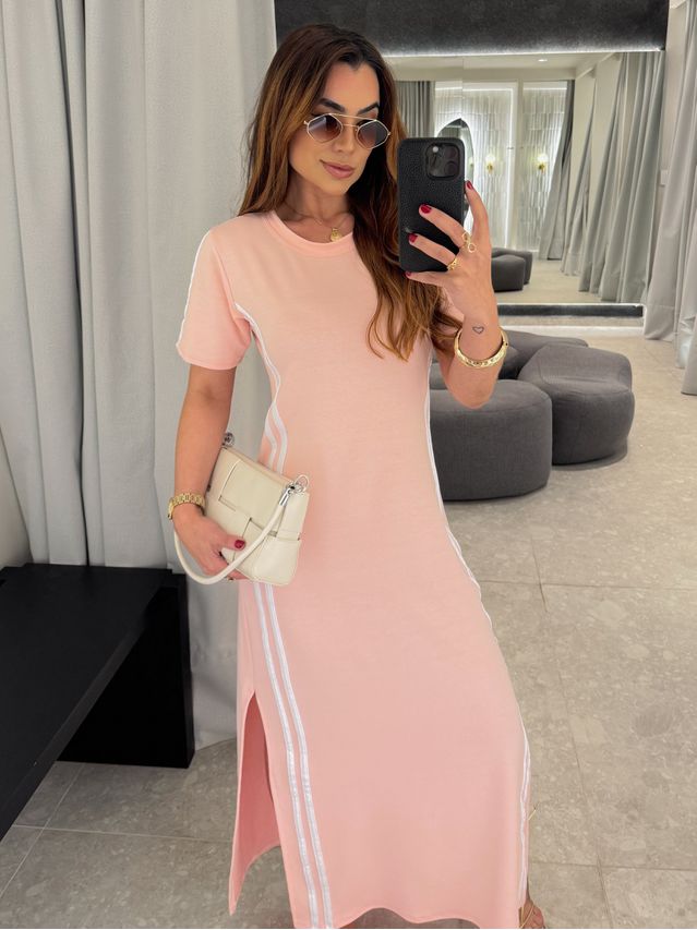 Vestido Manguinha Listra Rosa