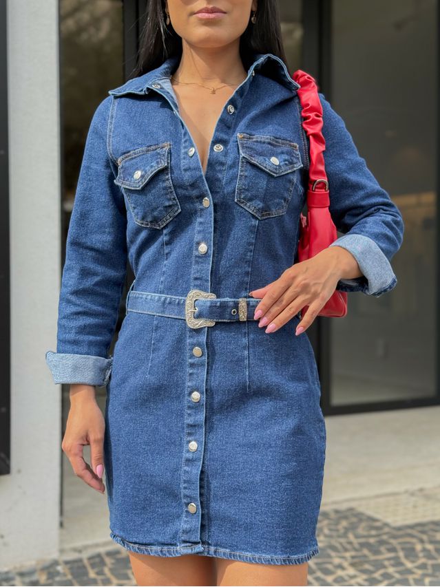 Vestido Manga Longa Jeans 