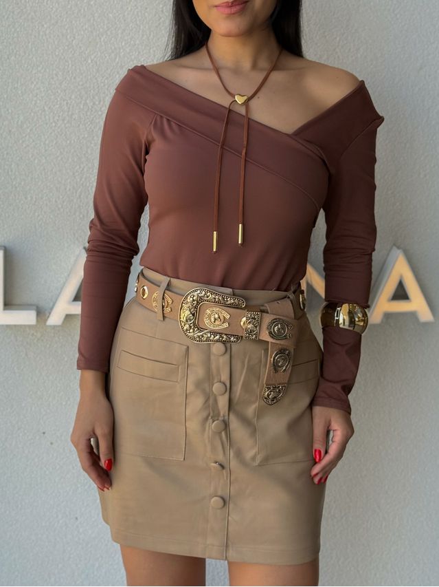 Saia Couro Fake Lavínia Cappuccino