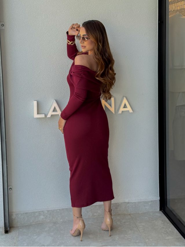 Vestido Canelado Ombro a Ombro Cereja 