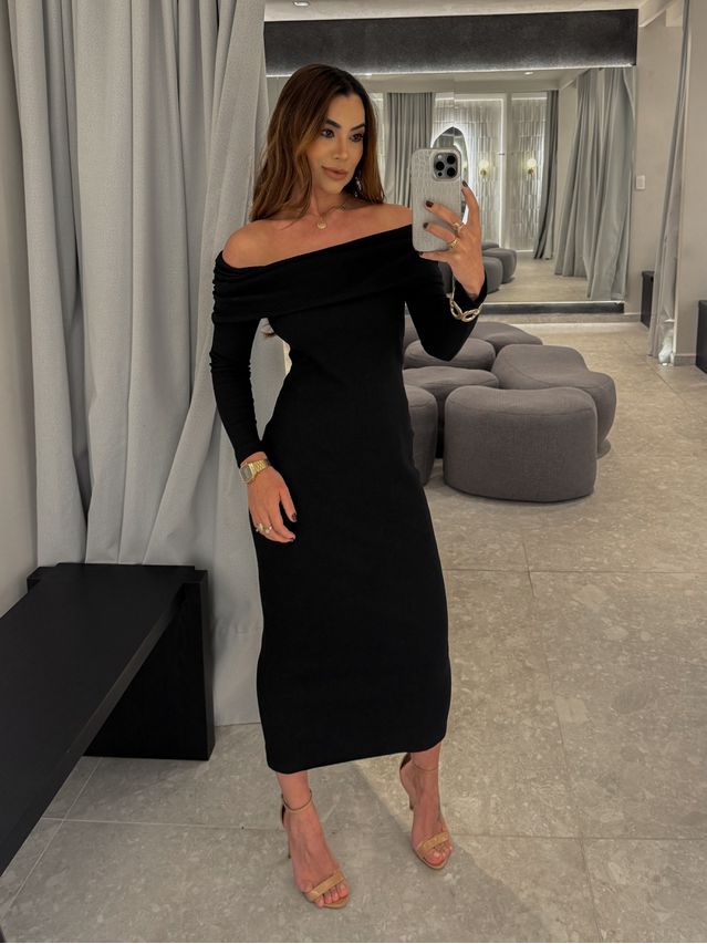 Vestido Canelado Ombro a Ombro Preto