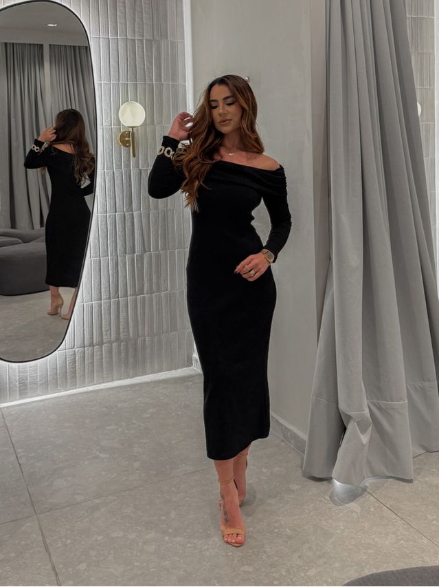 Vestido Canelado Ombro a Ombro Preto