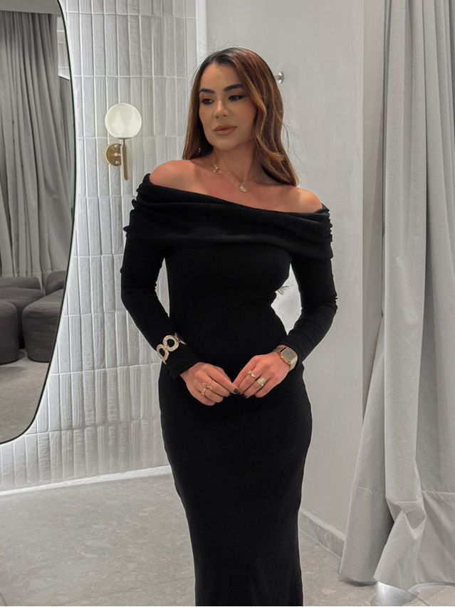 Vestido Canelado Ombro a Ombro Preto