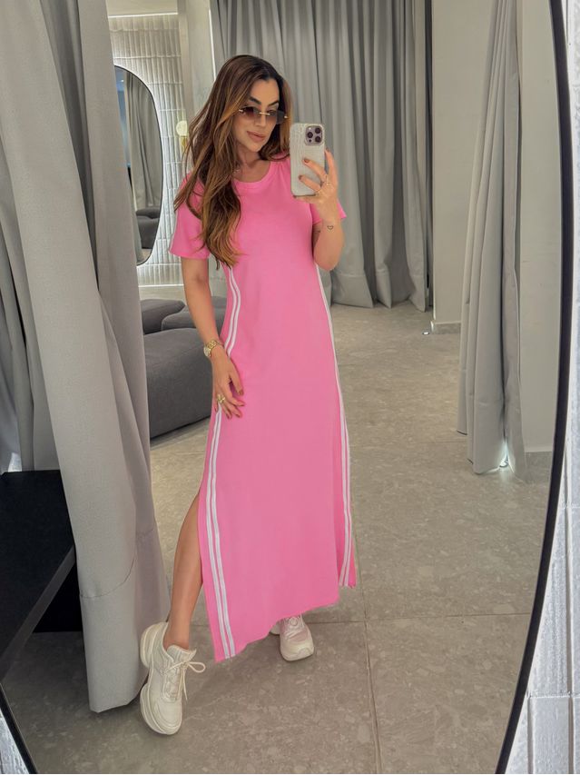 Vestido Manguinha Listra Rosa Barbie