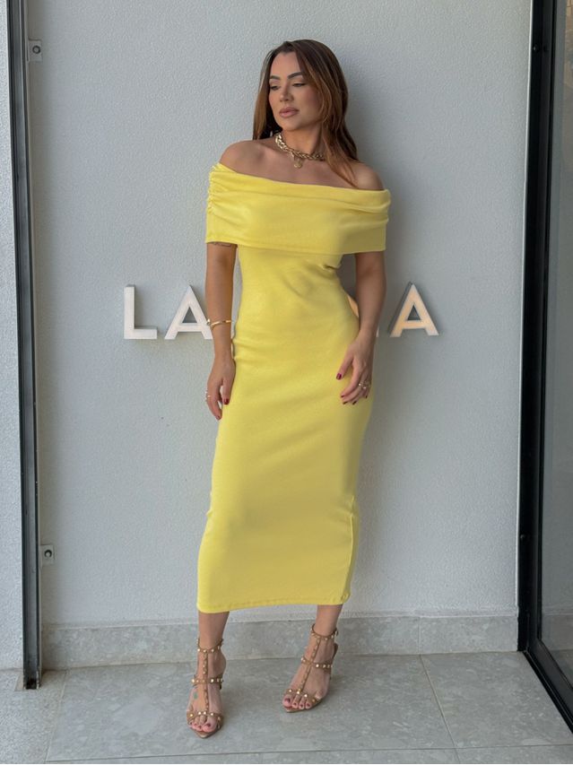 Vestido Canelado Ombro a Ombro Mariah Amarelo