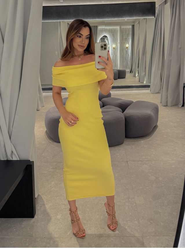 Vestido Canelado Ombro a Ombro Mariah Amarelo