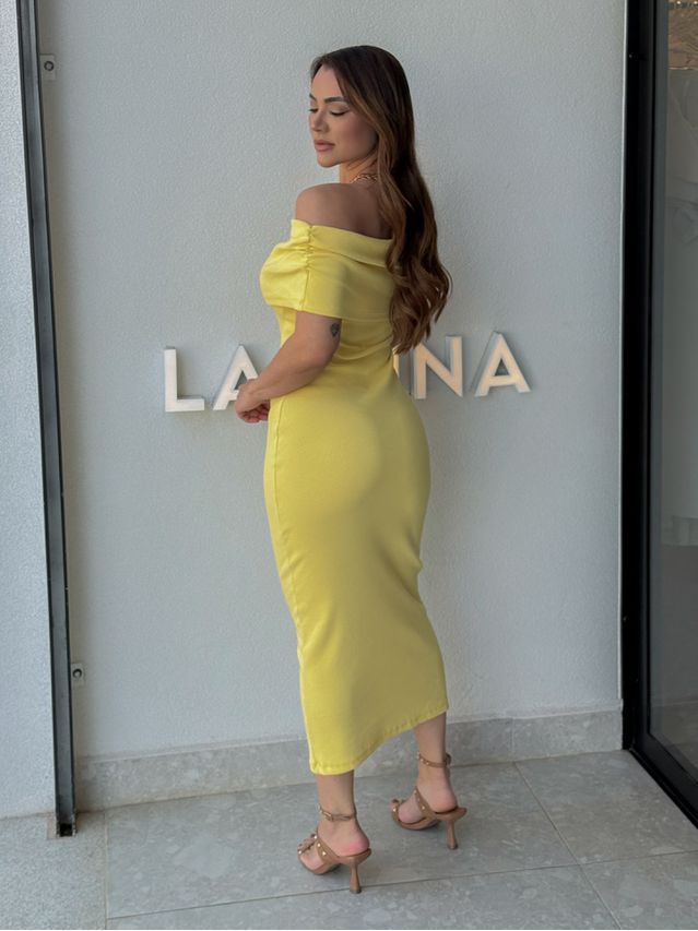 Vestido Canelado Ombro a Ombro Mariah Amarelo