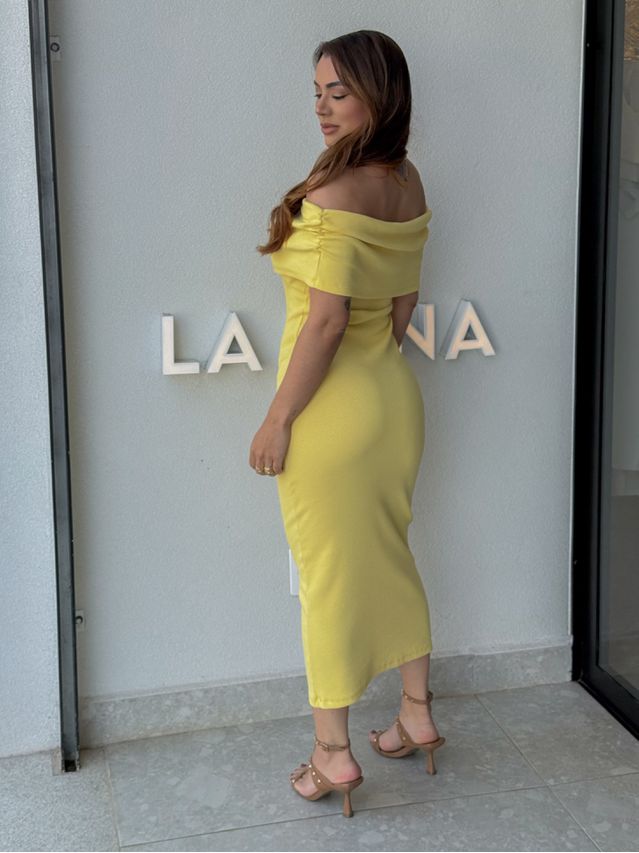 Vestido Canelado Ombro a Ombro Mariah Amarelo