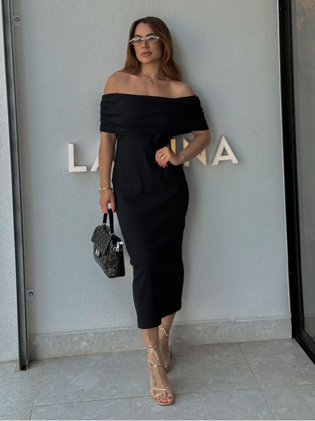 Vestido Canelado Ombro a Ombro Mariah Preto