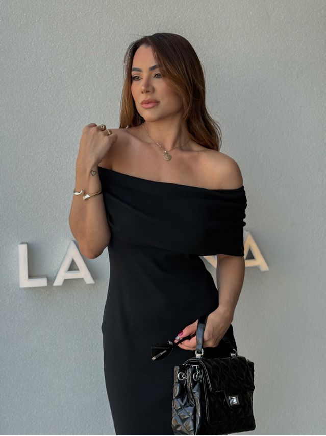 Vestido Canelado Ombro a Ombro Mariah Preto