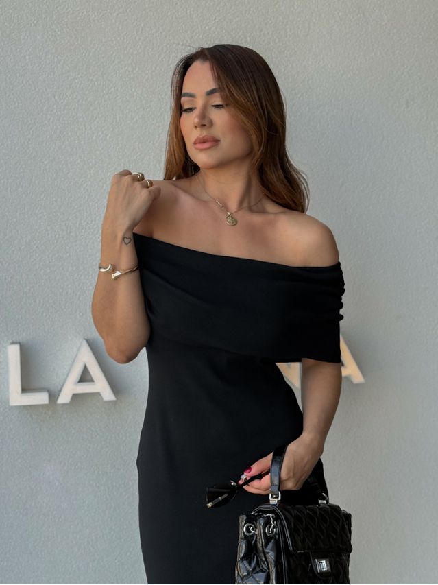 Vestido Canelado Ombro a Ombro Mariah Preto