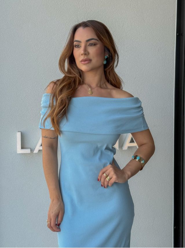 Vestido Canelado Ombro a Ombro Mariah Azul