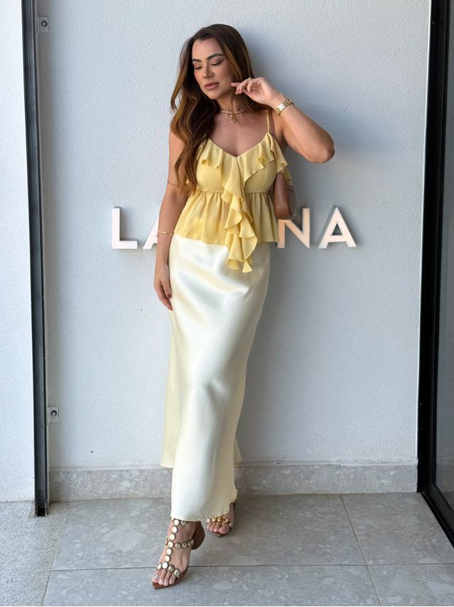 Saia Midi Cetim Mariana Manteiga