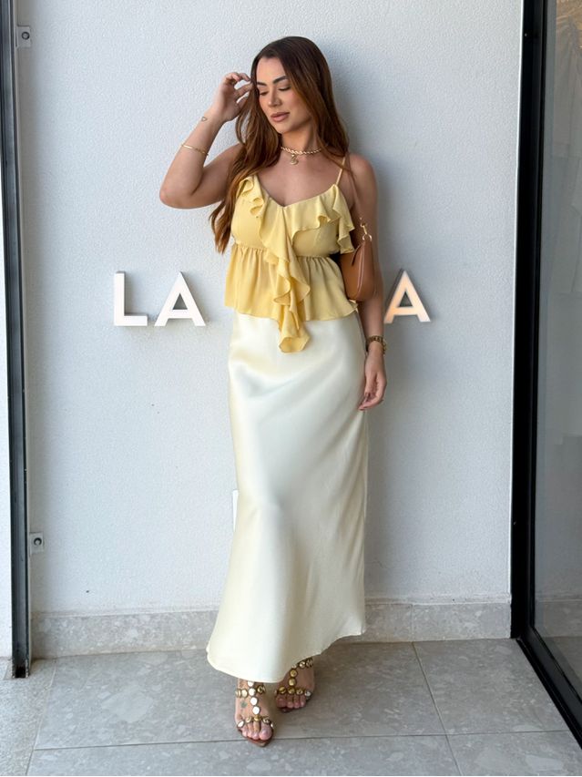 Saia Midi Cetim Mariana Manteiga