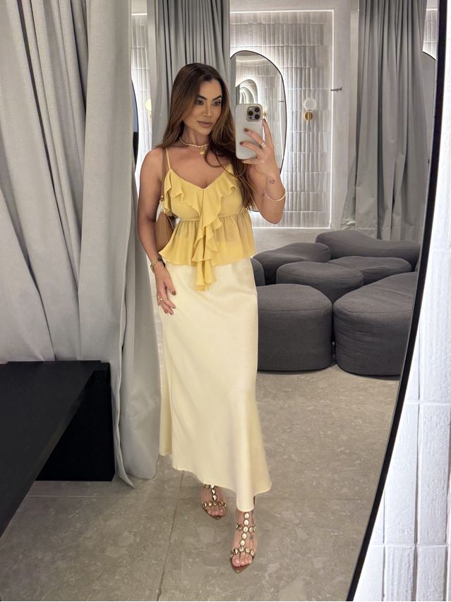 Saia Midi Cetim Mariana Manteiga